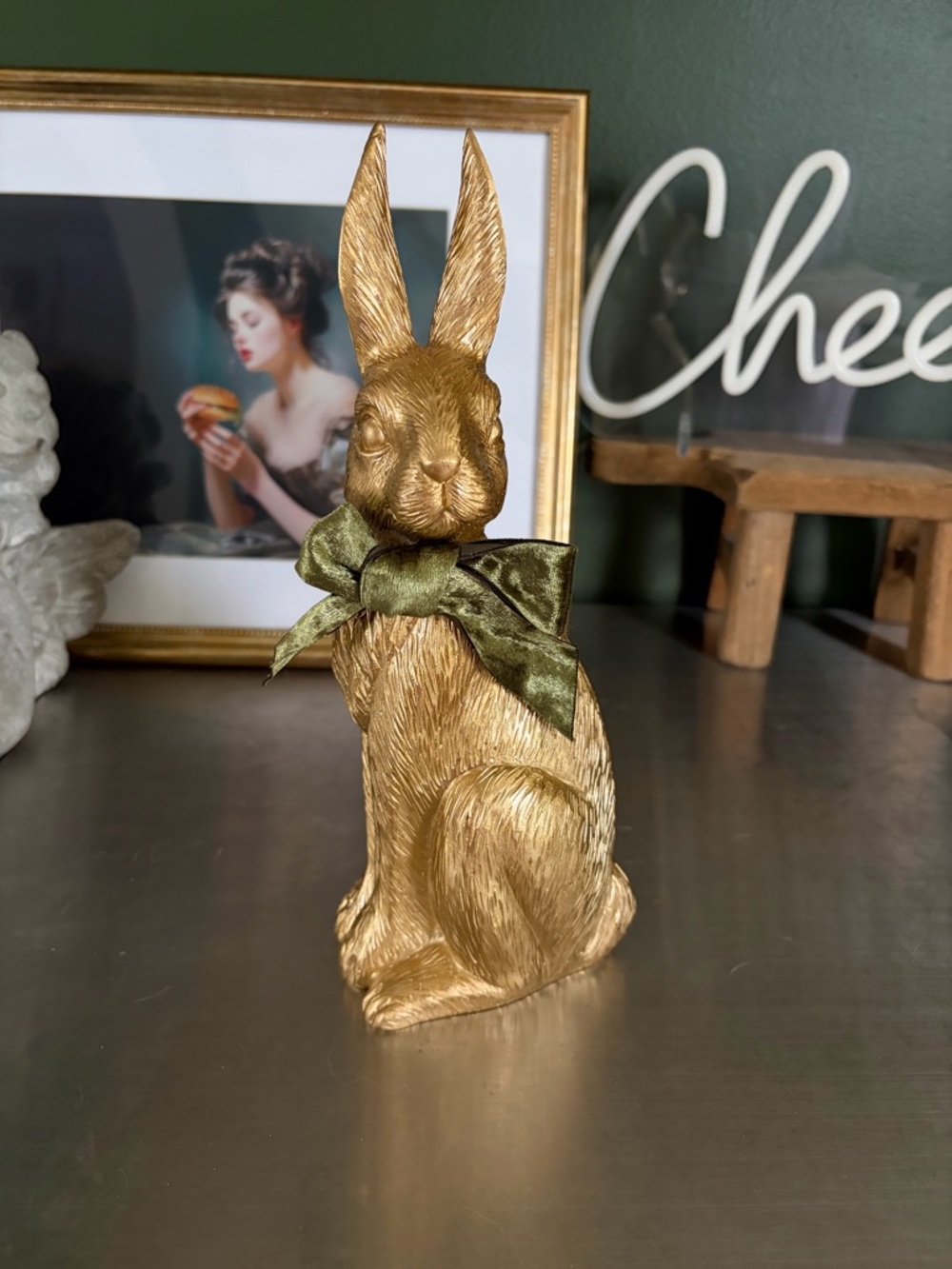 Gold Bunny Figurine with Olive Bow - Decorative Home Accent